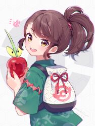 Rule 34 | 1girl, :d, backpack, bag, blush, brown eyes, brown hair, commentary request, creatures (company), dated, dipplin, eyelashes, game freak, green shirt, heart, highres, holding, holding pokemon, juliana (pokemon), mochiko tsuru, nintendo, notice lines, open mouth, pokemon, pokemon (creature), pokemon sv, shirt, short sleeves, signature, smile, teeth, tongue, upper teeth only