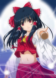 Rule 34 | 1girl, ascot, bad id, bad pixiv id, black hair, bow, crop top, crop top overhang, detached sleeves, female focus, gohei, hair bow, hair tubes, hakurei reimu, highres, japanese clothes, long hair, looking at viewer, midriff, miko, navel, nori tamago, pointing, pointing at viewer, red eyes, sarashi, sidelocks, smile, solo, touhou