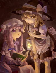 Rule 34 | 2girls, apron, bad id, bad pixiv id, blonde hair, blunt bangs, book, bow, braid, chikamichi (ssssgirl), female focus, glowing, hair bow, hand on own knee, hat, holding, jar, kirisame marisa, leaning forward, light, long hair, multiple girls, open book, open mouth, patchouli knowledge, purple eyes, purple hair, reading, side braid, sitting, smile, standing, star (symbol), touhou, waist apron, witch, witch hat, yellow eyes
