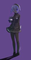Rule 34 | 1girl, absurdres, alternate costume, bag, black jacket, black pantyhose, black skirt, black sweater, blazer, dark-skinned female, dark skin, fate/prototype, fate/prototype: fragments of blue and silver, fate (series), full body, hairband, hassan of serenity (fate), highres, holding, holding weapon, jacket, loafers, long sleeves, looking at viewer, pantyhose, pleated skirt, purple background, purple eyes, purple hair, school uniform, shoes, short hair, signature, simple background, skirt, solo, sweater, tanaka ahiru, turtleneck, turtleneck sweater, weapon