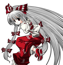 Rule 34 | 1girl, bow, female focus, fujiwara no mokou, hair bow, hands in pockets, leg up, long hair, long sleeves, multiple hair bows, pants, red bow, red eyes, red footwear, shirt, shoe soles, shoes, silver hair, simple background, solo, tatamiya, touhou, very long hair, white background, white shirt