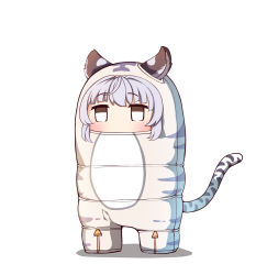 Rule 34 | 1girl, absurdres, animal ears, bai (granblue fantasy), blush, chibi, commentary request, full body, granblue fantasy, grey eyes, grey hair, highres, moyoron, shadow, simple background, sleeping bag, solo, standing, tail, tiger ears, tiger girl, tiger tail, white background