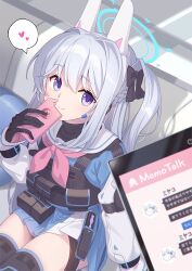 Rule 34 | 1girl, animal ears, black gloves, blue archive, blue halo, blue skirt, blush, braid, cellphone, closed mouth, fake animal ears, gloves, grey hair, hair between eyes, halo, heart, holding, holding phone, knee pads, long hair, long sleeves, looking at viewer, miyako (blue archive), neckerchief, one side up, phone, pink neckerchief, pleated skirt, purple eyes, rabbit ears, sailor collar, school uniform, serafuku, skirt, smartphone, smile, solo, spoken heart, two-tone skirt, white sailor collar, white skirt, yukichin