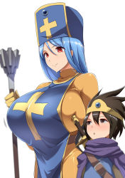 Rule 34 | 1boy, 1girl, blue hair, breast poke, breasts, dragon quest, dragon quest iii, highres, huge breasts, kloah, parted lips, poking, priest (dq3), red eyes, roto (dq3), simple background, smile, staff, white background