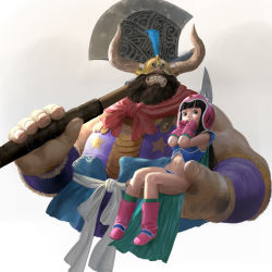 Rule 34 | 1boy, 1girl, axe, beard, bikini, blue bikini, blunt bangs, boots, chi-chi (dragon ball), clothing request, commentary, dragon ball, facial hair, fake horns, father and daughter, feathers, gloves, gyuu mao, helmet, highres, holding, horned helmet, horns, long hair, looking away, midriff, muscular, muscular child, muscular male, sangsoo jeong, simple background, swimsuit, tagme, teeth, upper teeth only, white background
