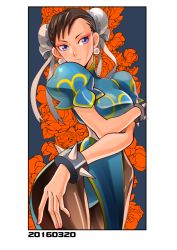 Rule 34 | 1girl, 9-me, bad id, bad pixiv id, blue dress, border, bracelet, brown hair, brown pantyhose, bun cover, capcom, china dress, chinese clothes, chun-li, crossed arms, dated, double bun, dress, earrings, eyeshadow, floral background, hair bun, jewelry, looking at viewer, makeup, nail polish, narrow waist, pantyhose, puffy short sleeves, puffy sleeves, purple eyes, sash, short hair, short sleeves, solo, spiked bracelet, spikes, street fighter