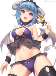 Rule 34 | 1girl, :d, bare shoulders, black thighhighs, blue hair, blush, breasts, cameltoe, cleavage, cowboy shot, demon girl, demon horns, demon tail, demon wings, fang, female focus, frilled panties, frills, from below, gluteal fold, hair between eyes, halterneck, head tilt, headdress, holding, holding weapon, horns, looking at viewer, medium breasts, midriff, navel, o-ring, o-ring top, open mouth, original, panties, pink eyes, polearm, ribbon, sasaame, see-through, short hair, sidelocks, signature, simple background, smile, solo, tail, thighhighs, trident, twitter username, underwear, v-shaped eyebrows, weapon, white background, wings, wrist cuffs