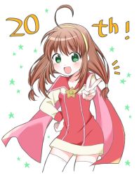 Rule 34 | 1girl, ahoge, blush, breasts, brown hair, cape, dress, green eyes, hair ornament, hairband, lilka eleniak, long hair, looking at viewer, low-tied long hair, open mouth, ouba reiya, sidelocks, skirt, small breasts, smile, solo, thighhighs, twintails, v, white thighhighs, wild arms, wild arms 2, yellow hairband