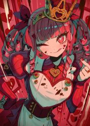 Rule 34 | 1girl, accessories, blunt bangs, blush, braid, brooch, chocolate, crown, curtains, dress, drill hair, earrings, finger heart, food on body, hair ornament, hand on own hip, happy valentine, heart, heart-shaped pupils, heart brooch, heart earrings, heart hair ornament, highres, jewelry, kuroi susumu, lace, nail polish, one eye closed, original, red eyes, red hair, red nails, symbol-shaped pupils, tongue, tongue out, twin braids, twin drills, two-tone dress, valentine