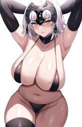 Rule 34 | 1girl, absurdres, armpits, arms behind head, arms up, bare shoulders, bikini, black bikini, black gloves, black thighhighs, blush, breasts, cleavage, collarbone, cowboy shot, elbow gloves, fate/grand order, fate (series), gloves, highres, jasony, jeanne d&#039;arc alter (fate), large breasts, looking at viewer, navel, parted lips, seductive smile, short hair, simple background, smile, solo, stomach, swimsuit, thighhighs, white background, white hair, yellow eyes