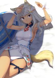Rule 34 | 1girl, animal ears, arms up, beach, breasts, day, flower, fox ears, fox tail, grey hair, hair flower, hair ornament, innertube, large breasts, lying, maeda risou, on back, one-piece swimsuit, original, outdoors, parted lips, purple eyes, shade, sideboob, solo, swim ring, swimsuit, tail, tan, thighs, umbrella, white flower, white one-piece swimsuit