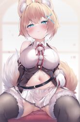 Rule 34 | 1girl, absurdres, animal ear fluff, animal ears, bare shoulders, black jacket, black thighhighs, blonde hair, blue eyes, blush, breasts, clothes lift, crop top, detached sleeves, fang, feet out of frame, fox ears, fox girl, fox tail, fur-trimmed gloves, fur-trimmed thighhighs, fur trim, gloves, hair between eyes, highres, jacket, konagi (konotuki), lifting own clothes, light frown, looking at viewer, medium breasts, medium hair, microskirt, midriff, multicolored hair, navel, original, pom pom (clothes), red ribbon, ribbon, shirt, sitting, skin fang, skirt, skirt lift, sleeveless, sleeveless jacket, sleeveless shirt, tail, thighhighs, thighs, underbust, white gloves, white shirt