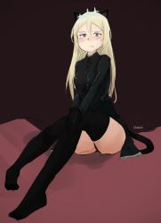 Rule 34 | 1girl, bad id, bad pixiv id, black thighhighs, blonde hair, blush, cat tail, green eyes, heinrike prinzessin zu sayn-wittgenstein, highres, long hair, noble witches, simple background, sitting, solo, strike witches, tail, thighhighs, tiara, ukedachi, uniform, world witches series