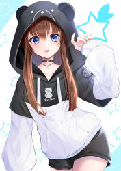 Rule 34 | 1girl, :p, absurdres, animal hood, arm at side, bear hood, black choker, black hoodie, black shorts, blue eyes, blush, brown hair, choker, commentary request, contrapposto, cowboy shot, fingernails, hand up, highres, hololive, hood, hoodie, jewelry, long hair, long sleeves, looking at viewer, necklace, nyarocks, o-ring, o-ring choker, official alternate costume, short shorts, shorts, solo, star (symbol), star necklace, starry background, tokino sora, tokino sora (streetwear), tongue, tongue out, two-tone hoodie, virtual youtuber, white hoodie