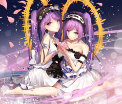Rule 34 | 2girls, arm strap, armlet, augu (523764197), back bow, bad id, bad pixiv id, barefoot, bow, choker, collarbone, dress, euryale (fate), fate/apocrypha, fate (series), floating hair, hair between eyes, hairband, jewelry, lens flare, lolita hairband, long hair, looking at viewer, multiple girls, necklace, parted lips, purple eyes, purple hair, short dress, siblings, sisters, sleeveless, sleeveless dress, stheno (fate), strapless, strapless dress, twintails, very long hair, white dress