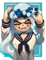 Rule 34 | 1girl, aqua background, arms up, asymmetrical hair, blue flower, blue hair, blue sailor collar, blue tongue, border, braid, closed eyes, colored tongue, commentary request, facing viewer, fangs, flower, hair tie, hand on headwear, hand on own head, happy, head wreath, highres, inkling, inkling girl, inkling player character, long hair, long sleeves, neckerchief, nintendo, open mouth, outside border, sailor collar, sailor shirt, seashell, shell, shirt, single braid, solo, splatoon (series), splatoon 3, takiitoon, tentacle hair, upper body, white border, white shirt