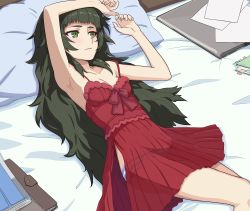 Rule 34 | 1girl, armpits, bare arms, bare shoulders, bed, bed sheet, bedroom, blush, breasts, cleavage, eyebrows, female focus, green eyes, green hair, half-closed eyes, highres, hiyajou maho, indoors, lingerie, long hair, lying, menomorute, messy hair, nightgown, on back, panties, see-through, small breasts, solo, steins;gate, steins;gate 0, strap slip, striped clothes, striped panties, underwear, very long hair