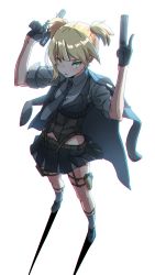 Rule 34 | 1girl, asymmetrical hair, black gloves, blonde hair, bolt action, chromatic aberration, commentary request, corset, dual wielding, girls&#039; frontline, gloves, grey neckwear, gun, handgun, highres, holding, holster, integral suppressor, integrally-suppressed firearm, jacket, jacket on shoulders, kuro kosyou, looking at viewer, pinstripe pattern, pinstripe vest, pistol, short hair, skirt, sleeves rolled up, solo, striped clothes, striped vest, suppressor, thigh holster, two side up, vest, weapon, welrod, welrod mk ii, welrod mkii (girls&#039; frontline), white background