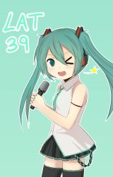 Rule 34 | 1girl, black thighhighs, green background, green eyes, green hair, green nails, hatsune miku, highres, long hair, looking at viewer, microphone, nail polish, necktie, one eye closed, open mouth, pleated skirt, rexlent, simple background, skirt, sleeveless, thighhighs, twintails, vocaloid, zettai ryouiki