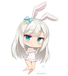 Rule 34 | 1girl, animal ears, bare legs, bare shoulders, blue bow, blue eyes, blush, bow, chibi, closed mouth, frilled swimsuit, frills, frown, full body, hair bow, hands up, jitome, long hair, looking at viewer, off-shoulder one-piece swimsuit, off shoulder, one-piece swimsuit, original, rabbit ears, sasaame, scrunchie, simple background, solo, swimsuit, twitter username, white background, white hair, white one-piece swimsuit, wrist scrunchie