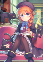 Rule 34 | 1girl, animal, bad id, bad pixiv id, beret, black cat, black dress, black footwear, black hat, blue bow, blurry, blurry background, blush, book, boots, bow, braid, brown pantyhose, cat, closed mouth, collared shirt, commentary request, depth of field, dress, dress shirt, frilled dress, frills, hair between eyes, hat, highres, hood, hood down, hooded coat, indoors, knees together feet apart, knees up, long hair, long sleeves, looking at viewer, momoto0193, open book, orange hair, pantyhose, princess connect!, purple eyes, shirt, sitting, sleeves past wrists, smile, solo, twin braids, twintails, white shirt, wide sleeves, yuni (princess connect!)