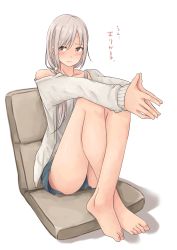 Rule 34 | 1girl, absurdres, bare legs, barefoot, brown eyes, crossed legs, full body, highres, long sleeves, off shoulder, original, own hands together, rucchiifu, shorts, side ponytail, silver hair, simple background, sitting, solo, thighs, translated, white background
