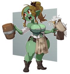 Rule 34 | 1girl, alcohol, angry, barmaid, beer, beer mug, boots, bow, breasts, brown hair, cleavage, colored skin, cup, dirty, dirty clothes, fangs, female goblin, forehead, goblin, green skin, hair bow, large breasts, looking back, mug, nuclear wasabi, original, pelvic curtain, pointy ears, ponytail, red eyes, short shorts, shorts, shouting, simple background, solo, standing, thick thighs, thighs, waitress