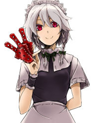 Rule 34 | 1girl, arm behind back, bad id, bad pixiv id, braid, clothes writing, colored eyelashes, english text, female focus, izayoi sakuya, knife, kusugi tai, looking at viewer, maid, maid headdress, red eyes, short hair, silver hair, simple background, smile, solo, throwing knife, touhou, twin braids, weapon