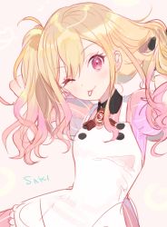 Rule 34 | 1girl, apron, black collar, blonde hair, blush, buttons, closed mouth, collar, dress, flower, frilled apron, frills, gradient hair, hand in own hair, jewelry, kuzuvine, looking at viewer, multicolored hair, necklace, one eye closed, pink eyes, pink hair, project sekai, puffy sleeves, rose, solo, striped clothes, striped dress, striped sleeves, tenma saki