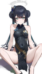 Rule 34 | 1girl, absurdres, arm support, bad id, bad pixiv id, bare arms, bare legs, bare shoulders, black dress, black footwear, black hair, blue archive, blurry, breasts, butterfly hair ornament, china dress, chinese clothes, closed mouth, covered navel, double bun, dragon print, dress, green eyes, hair bun, hair ornament, halo, highres, hwan (verypoor), kisaki (blue archive), light smile, long hair, looking at viewer, no panties, pelvic curtain, print dress, sidelocks, simple background, sitting, sleeveless, sleeveless dress, small breasts, solo, spread legs, taut clothes, taut dress, thighs, twintails, white background
