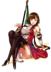 Rule 34 | 1girl, absurdres, blue eyes, boots, breasts, brown hair, granblue fantasy, high heel boots, high heels, highres, large breasts, leona (granblue fantasy), low ponytail, panties, pantyshot, polearm, simple background, sitting, smile, solo, spear, thigh boots, thighhighs, thighs, underwear, weapon, white background, white panties, yumeno tanuki