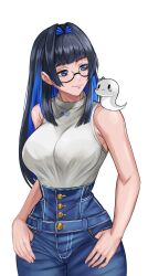 Rule 34 | 1girl, bare shoulders, black hair, blue hair, boros (ouro kronii), breasts, closed mouth, colored inner hair, commentary, cowboy shot, creature, creature on shoulder, curvy, denim, ear piercing, glasses, hair intakes, hands in pockets, high-waist pants, highres, hololive, hololive english, jeans, large breasts, looking at animal, looking to the side, multicolored hair, narrow waist, official alternate costume, on shoulder, ouro kronii, ouro kronii (casual), pants, piercing, sacrokies, semi-rimless eyewear, shirt, simple background, sleeveless, sleeveless shirt, smile, snake, virtual youtuber, white background, wide hips, wide sleeves