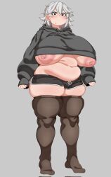 Rule 34 | 1girl, blush, breasts, brown thighhighs, closed mouth, clothes lift, corrupted twitter file, dolphin shorts, full body, grey background, grey eyes, grey hair, hair between eyes, highres, hood, hoodie, hoodie lift, huge breasts, icecube2lazy, large areolae, long sleeves, looking at viewer, medium hair, navel, nipples, original, plump, shorts, simple background, skindentation, sleeves past wrists, solo, standing, sweatdrop, thick thighs, thighhighs, thighs