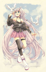 Rule 34 | 1girl, :d, bare shoulders, bird, blue eyes, boots, braid, casual, choker, cloud, full body, highres, ia (vocaloid), long hair, music, musical note, nemurou, off shoulder, open mouth, pink hair, side braid, silver hair, singing, single thighhigh, sky, smile, thigh strap, thighhighs, very long hair, vocaloid, watermark, web address