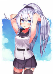 Rule 34 | 1girl, alternate hairstyle, armpits, arms up, bad id, bad twitter id, black sailor collar, black thighhighs, blue eyes, blush, hair between eyes, hair ornament, hair scrunchie, hands in hair, hibiki (kancolle), highres, kantai collection, long hair, open mouth, pleated skirt, ponytail, reitou mikan, sailor collar, scrunchie, silver hair, skirt, sleeveless, solo, sweat, thighhighs