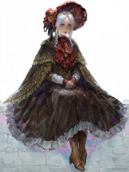 Rule 34 | 1girl, artist name, ascot, bloodborne, bonnet, boots, brown footwear, cloak, closed mouth, doll joints, dress, flower, hat, high heel boots, high heels, highres, joints, long sleeves, oreki genya, own hands together, parted bangs, plain doll, red ascot, red hat, ribbon, rose, short hair, simple background, sitting, solo, stone wall, wall, white background, white hair
