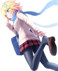 Rule 34 | 10s, 1girl, :t, aqua eyes, bag, black pantyhose, blonde hair, blue scarf, blush, cardigan, commentary request, eating, feet, flower, from behind, from below, gabriel dropout, goribote, hair flower, hair ornament, looking back, pantyhose, plaid, plaid skirt, pleated skirt, scarf, school bag, school uniform, shoe dangle, short hair, simple background, skirt, solo, tapris chisaki sugarbell, white background