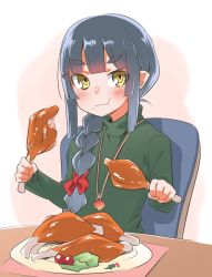 Rule 34 | 1girl, :t, akari (raigou), blue hair, blush, boned meat, braid, chair, chicken (food), eating, female focus, food, holding, holding food, jewelry, looking at viewer, meat, necklace, original, plate, raigou, single braid, sitting, solo, sweater, table, turtleneck, wavy mouth