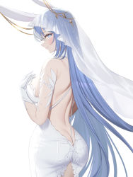 Rule 34 | 1girl, absurdres, animal ears, ass, azur lane, bare back, bare shoulders, between buttocks, blue eyes, blue hair, blush, breasts, bridal veil, butt crack, dress, fake animal ears, gloves, halterneck, highres, large breasts, long hair, looking at viewer, looking back, new jersey (azur lane), new jersey (snow-white ceremony) (azur lane), simple background, smile, solo, veil, very long hair, wedding dress, white background, white gloves, zzo (chorizzzzo)