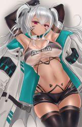 Rule 34 | 1girl, absurdres, alabama (azur lane), armpits, arms behind head, azur lane, bikini, bikini under clothes, black bikini, black gloves, black thighhighs, bodypaint, breasts, cleavage, closed mouth, commentary request, dark-skinned female, dark skin, detached collar, elbow gloves, facepaint, from above, gloves, hair between eyes, highres, hikagen yoshio, jacket, jacket on shoulders, large breasts, long hair, looking at viewer, lying, native american, navel, on back, red eyes, see-through, short shorts, shorts, sidelocks, silver hair, solo, strapless, swimsuit, thigh gap, thighhighs, tube top, twintails