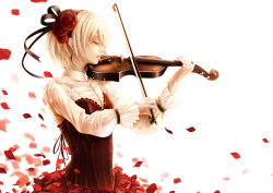 1girl blonde_hair bouno_satoshi closed_eyes dress earrings female_focus flower hair_ribbon highres instrument jewelry long_sleeves music original petals playing_instrument red_dress ribbon rose rose_petals short_hair simple_background solo violin