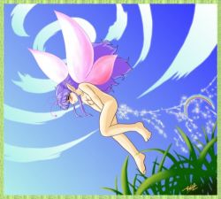 Rule 34 | 1girl, antennae, artist request, barefoot, blush, breasts, character request, cloud, collarbone, covering privates, covering crotch, fairy, fairy wings, flying, grass, long hair, looking to the side, lowres, medium breasts, nipples, nude, peeing, purple hair, rainbow, sky, sparkle, wings, yellow eyes