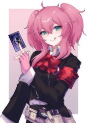 Rule 34 | 1girl, armband, badge, belt, belt pouch, bow, card, fingerless gloves, gloves, green eyes, highres, holding, holding card, holster, holstered, km0d0, persona, persona 3, pink hair, pouch, school uniform, smug, tongue, tongue out, twintails, valefal coneri, virtual youtuber