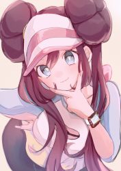 Rule 34 | 1girl, bent over, black pantyhose, blue eyes, blush, breasts, brown hair, closed mouth, commentary request, creatures (company), double bun, game freak, hair bun, hand on own hip, highres, long hair, looking at viewer, mcmcusg, nintendo, pantyhose, pantyhose under shorts, pokemon, pokemon bw2, raglan sleeves, rosa (pokemon), short shorts, shorts, smile, solo, twintails, v, visor cap, yellow shorts