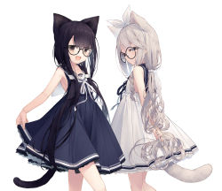 Rule 34 | 2girls, :d, animal ears, bare arms, bare shoulders, black-framed eyewear, black dress, black hair, black sailor collar, blue eyes, brown eyes, cat ears, cat girl, cat hair ornament, cat tail, closed mouth, commentary request, dress, glasses, grey hair, hair ornament, hair ribbon, long hair, low twintails, multiple girls, open mouth, original, ribbon, round eyewear, sailor collar, sailor dress, simple background, sleeveless, sleeveless dress, smile, tail, tokuno yuika, twintails, very long hair, white background, white dress, white ribbon, white sailor collar