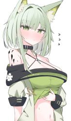 Rule 34 | 1girl, absurdres, animal ear fluff, animal ears, arknights, asymmetrical hair, bare shoulders, blue dress, blush, breasts, cat ears, cat girl, cleavage, closed mouth, clothes lift, collarbone, commentary, dress, dress lift, green eyes, green hair, highres, kal&#039;tsit (arknights), large breasts, long hair, looking at viewer, material growth, midriff, navel, nui (nuinui0300), off-shoulder dress, off shoulder, oripathy lesion (arknights), simple background, solo, sweatdrop, white background