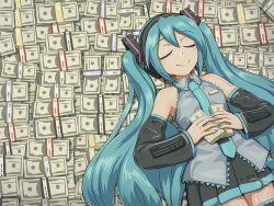 Rule 34 | 1girl, banknote, black footwear, black skirt, black sleeves, blue hair, blue necktie, blush, boots, breaking bad, breasts, closed eyes, closed mouth, collared shirt, cowboy shot, detached sleeves, digiral, grey shirt, hair ornament, hatsune miku, headphones, holding, holding money, long hair, miniskirt, money, necktie, pleated skirt, shirt, skirt, sleeveless, sleeveless shirt, small breasts, smile, solo, thigh boots, thighhighs, twintails, very long hair, vocaloid, zettai ryouiki