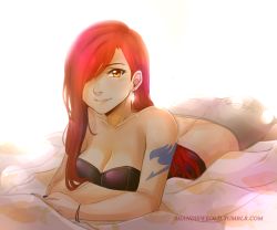 Rule 34 | 1girl, bare arms, breasts, cleavage, earrings, erza scarlet, fairy tail, female focus, hair over one eye, jewelry, lips, long hair, looking at viewer, lying, nail polish, on stomach, red hair, shandisworld, smile, solo, strapless, tattoo, tube top, yellow eyes