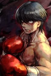 Rule 34 | 1boy, bare pectorals, black hair, blood, blood on face, boxing, boxing gloves, fighting stance, glowing, glowing eyes, hajime no ippo, hungry clicker, male focus, miyata ichirou, muscular, pectorals, solo, topless male