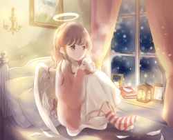 Rule 34 | 1girl, angel, angel wings, blue eyes, book, book stack, brown hair, candle, commentary request, cup, curtains, drawing (object), dress, expressionless, feathered wings, feathers, halo, headboard, highres, holding, holding cup, hoshiibara mato, indoors, knees to chest, lantern, light particles, looking to the side, medium hair, night, on bed, original, painting (object), picture frame, pillow, pink robe, rabbit, robe, sconce, sitting, snowing, socks, solo, steam, striped clothes, striped socks, white dress, window, wings